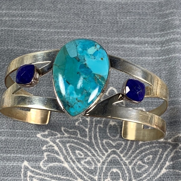 Turquoise and blue stone sterling silver bracelet - Picture 6 of 7